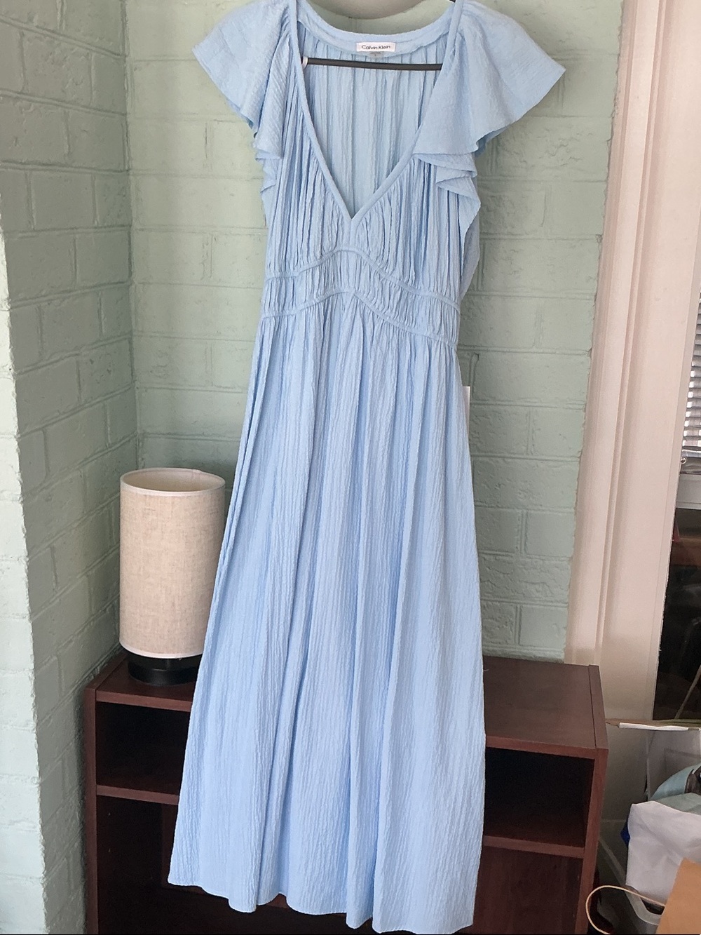 Calvin Klein Pale Blue Flutter-Sleeve Midi Dress